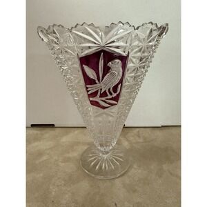 Hofbauer Byrdes Bird Fan Vase Red Cut Glass 9" Tall 1970s W. Germany‎